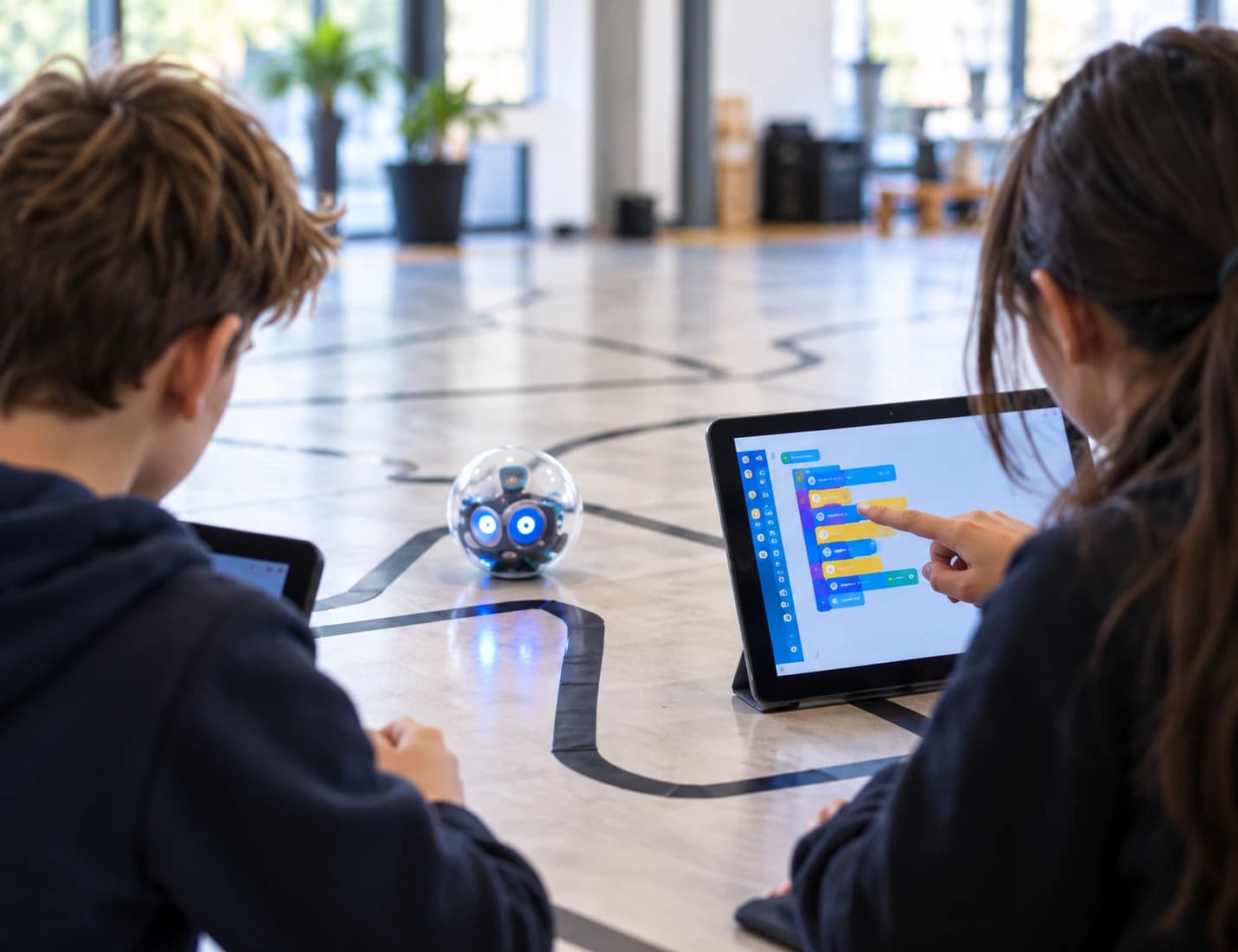 Illustrative scene of two children exploring block coding on a tablet with a small educational robot on the table