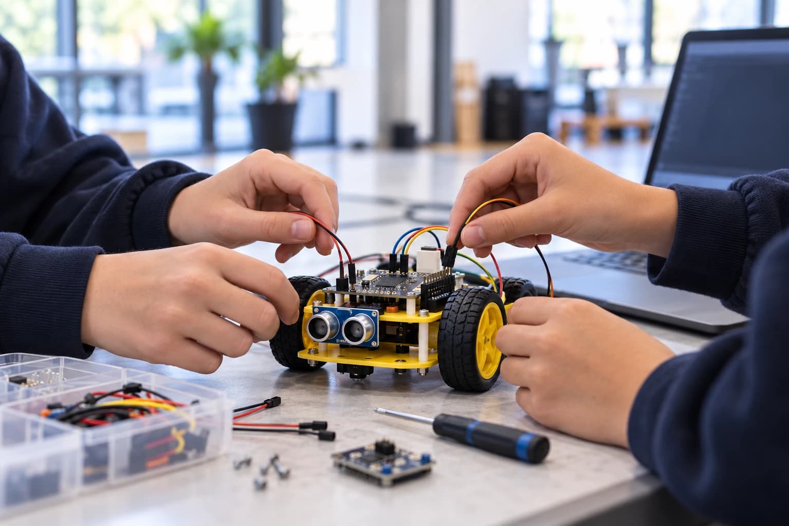 Illustrative close-up of hands building a small educational robot buggy