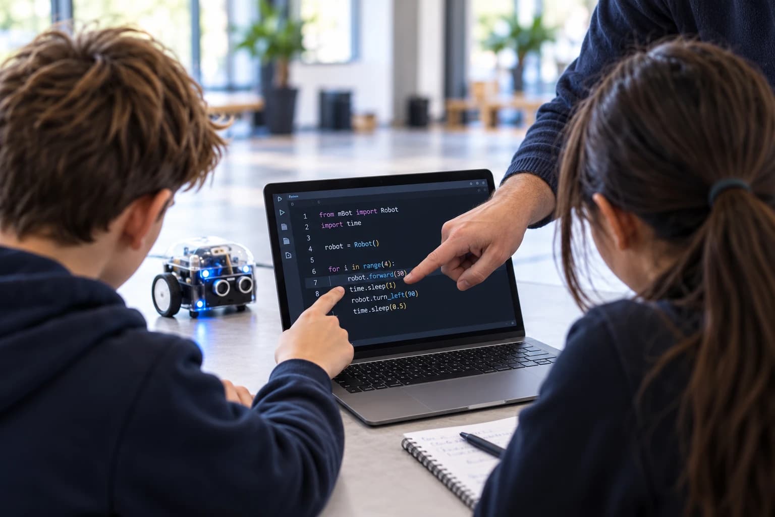 Illustrative scene of learners reviewing code with guidance from a mentor