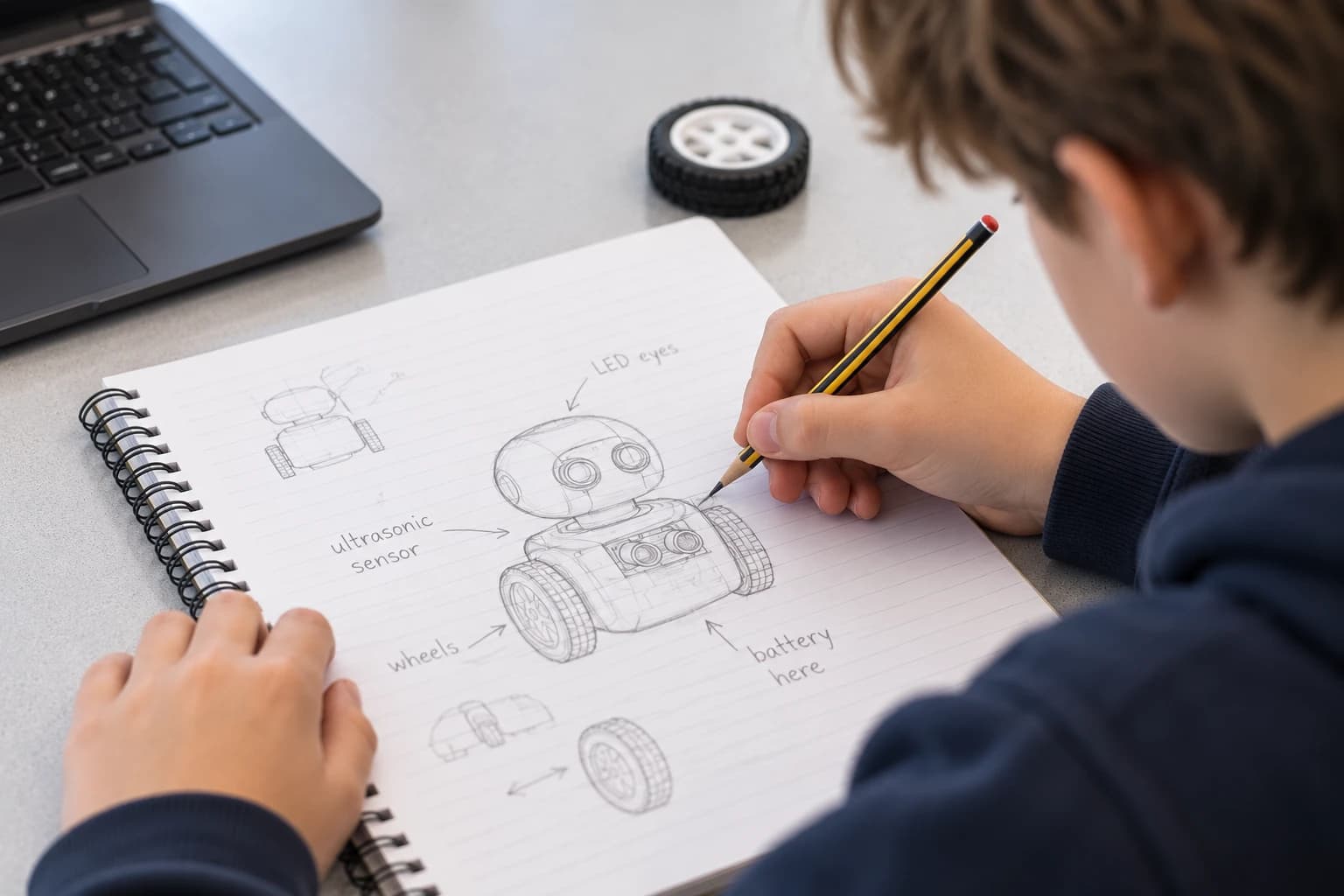 Illustrative close-up of a child sketching a robot design in a notebook