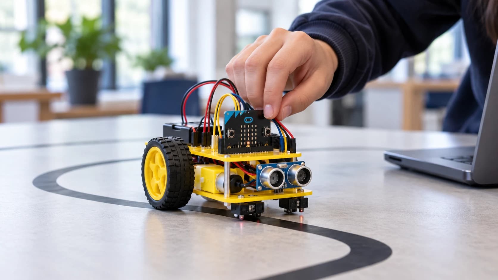 Illustrative close-up of an educational robot buggy being adjusted on a track