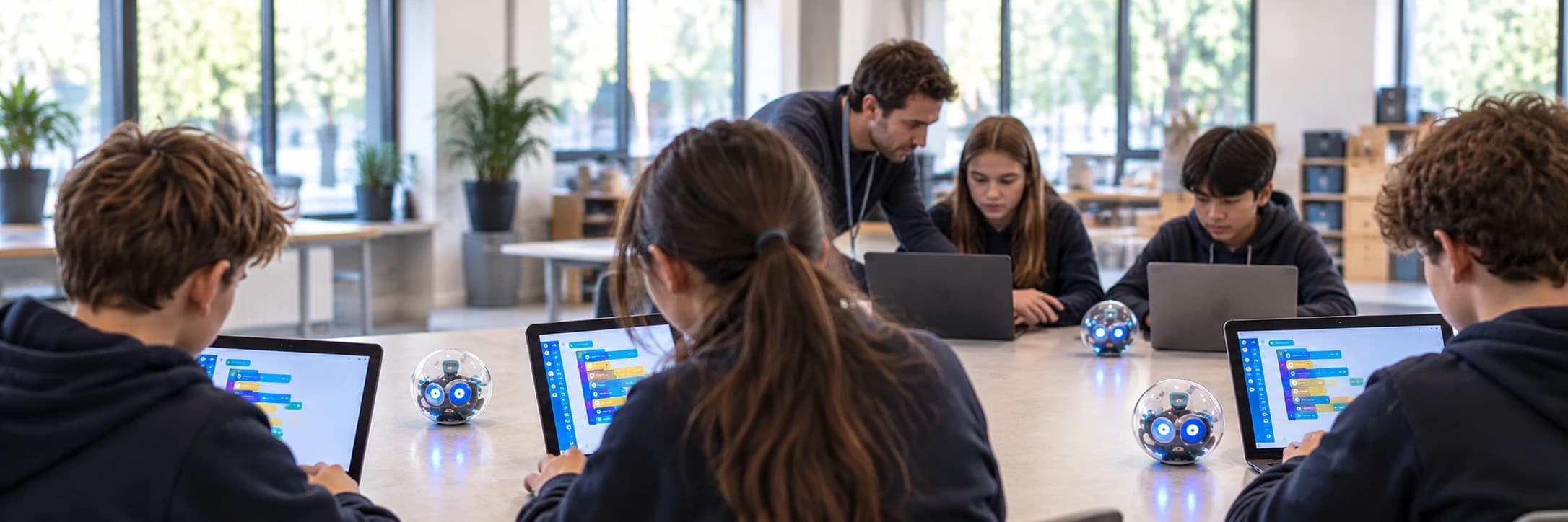 Illustrative scene of a group exploring coding and robotics in a classroom