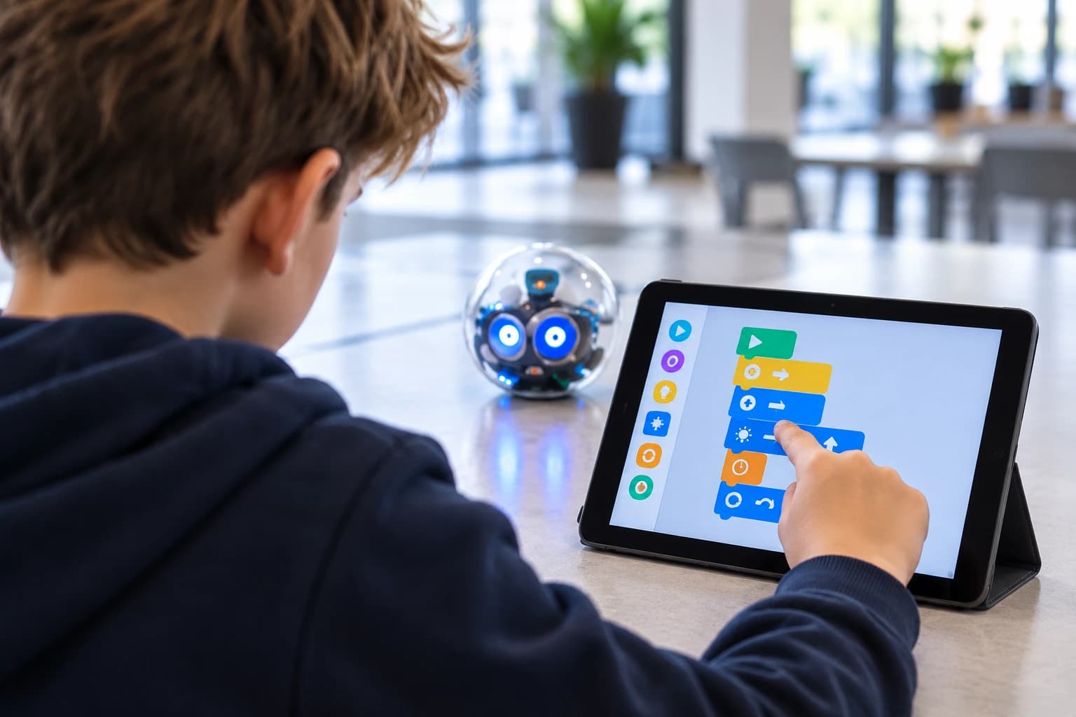 Illustrative scene of a child exploring visual coding on a tablet